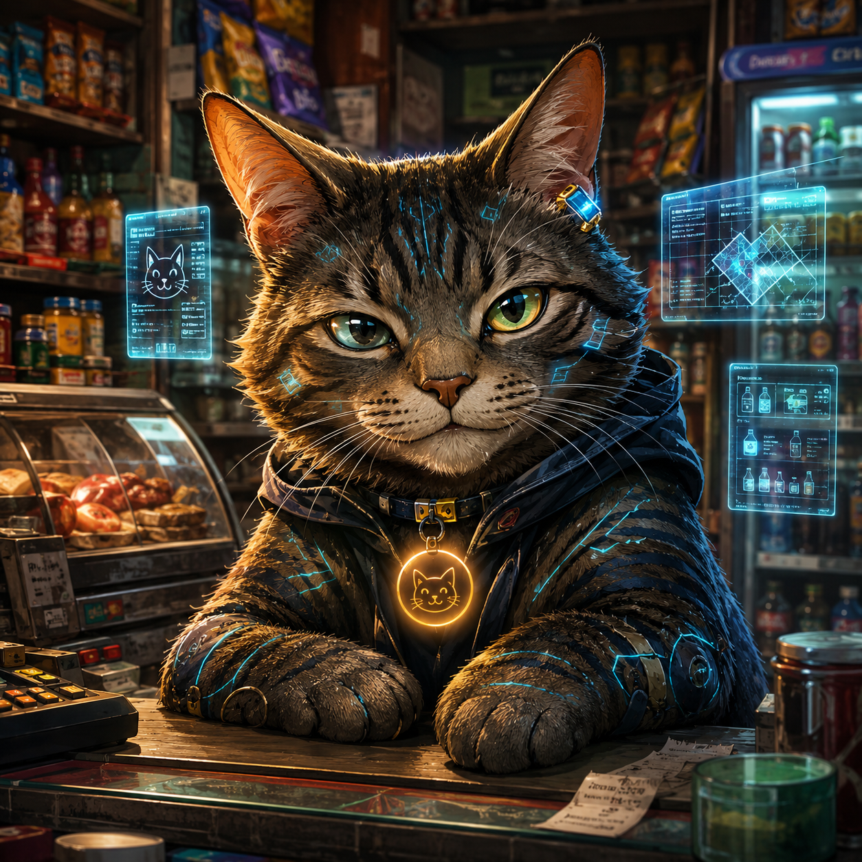 Marvin, a dark tabby cat wearing a technical jacket, behind a bodega counter with blue interface overlays